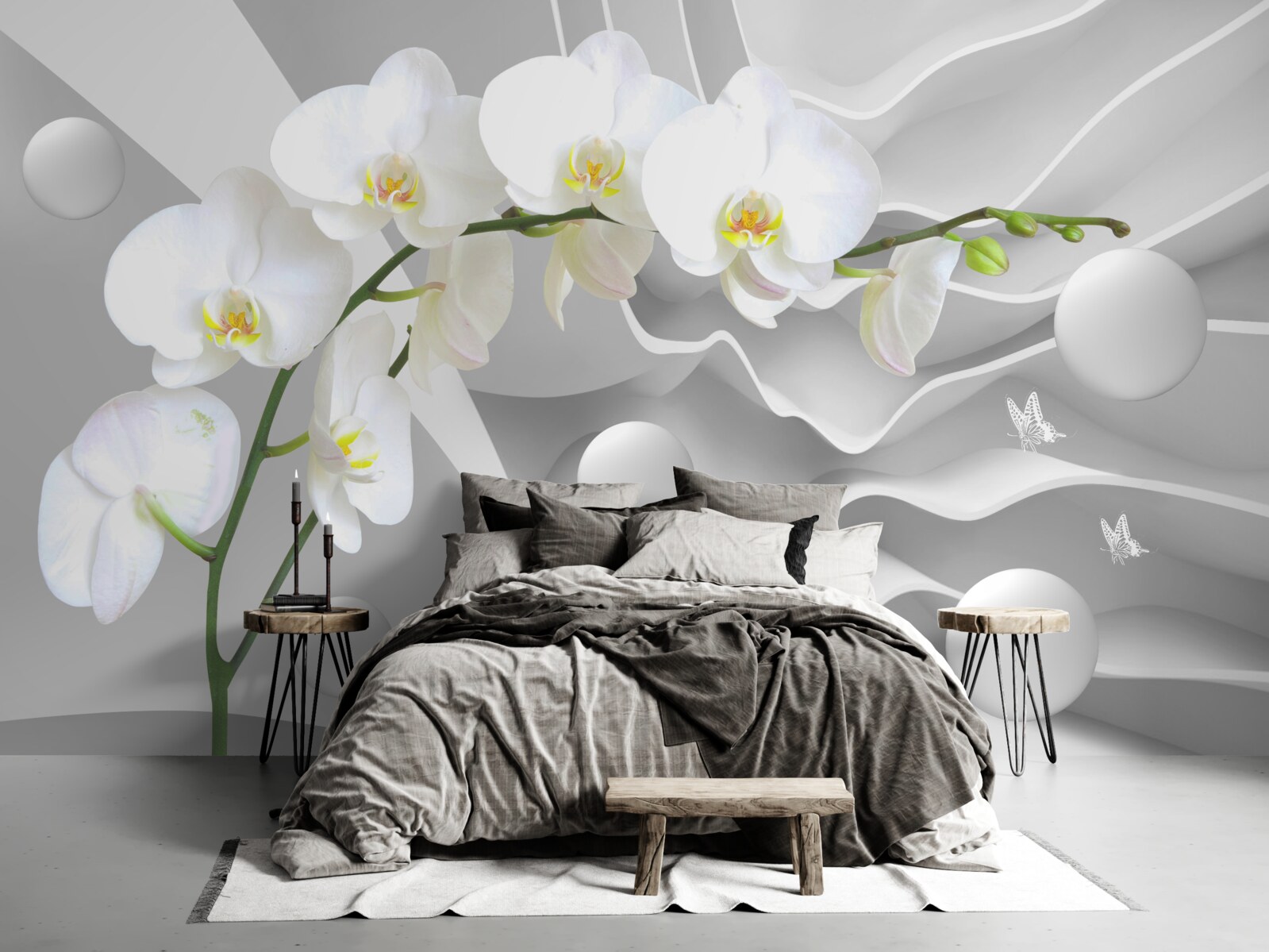 Papier peint orchidée blanche sur fond gris