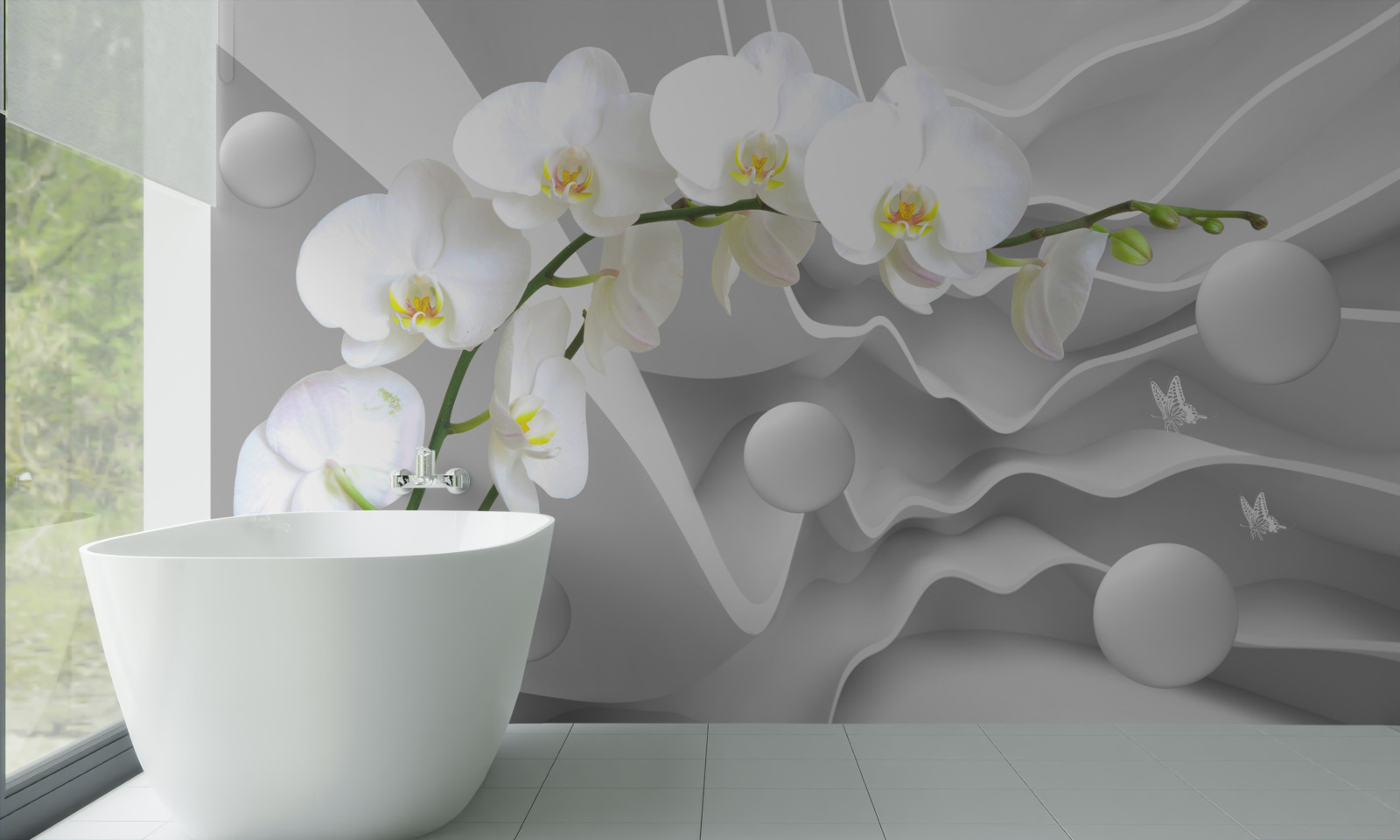 Papier peint orchidée blanche sur fond gris