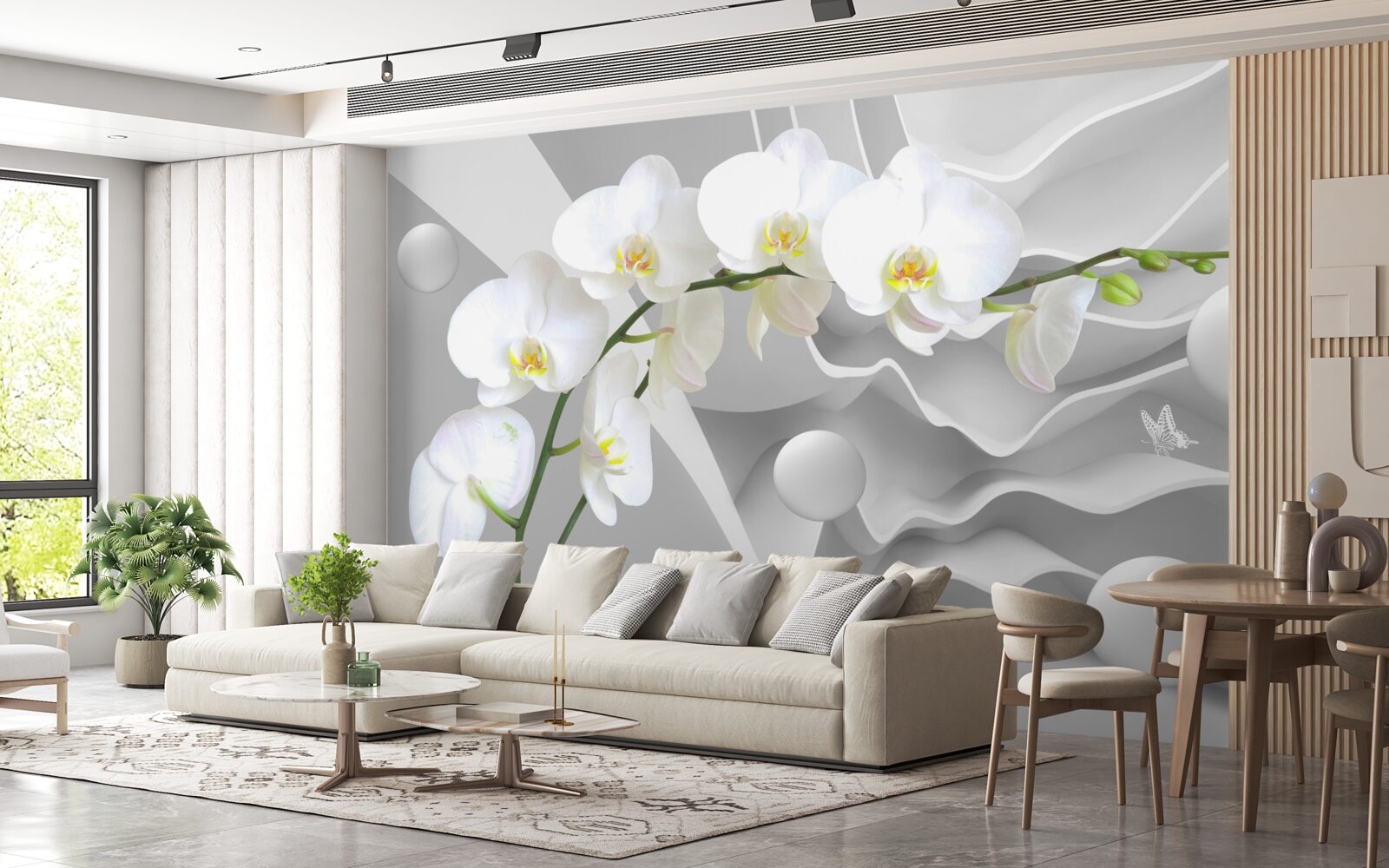 Papier peint orchidée blanche sur fond gris