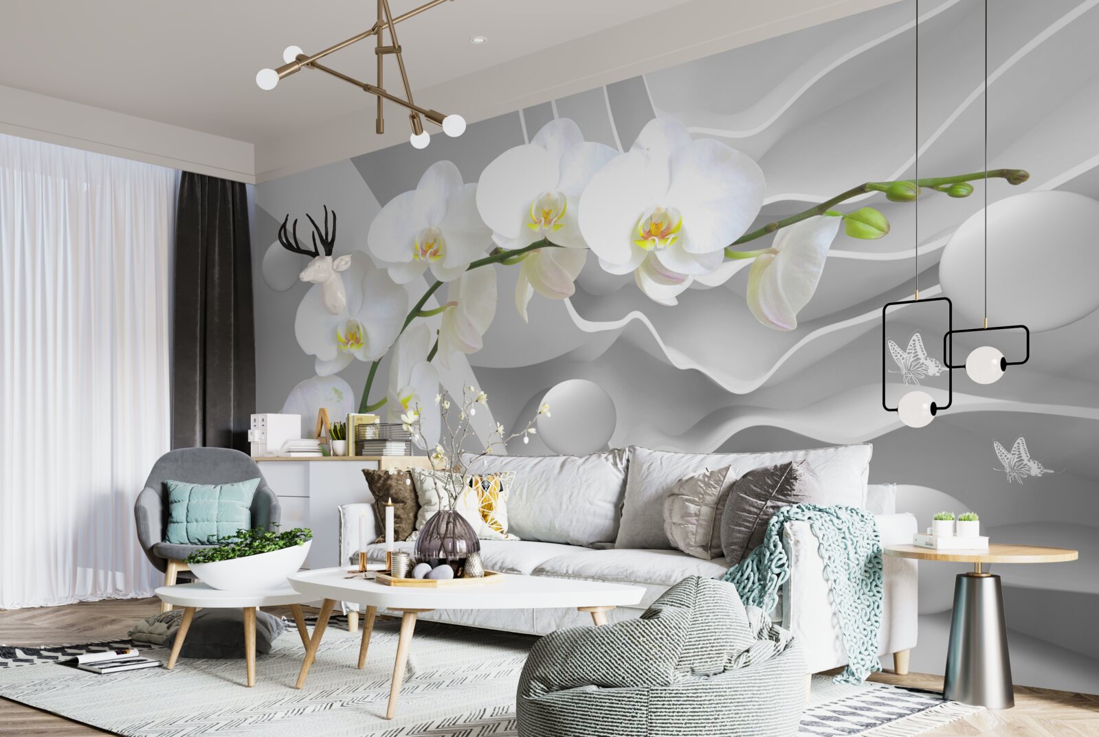 Papier peint orchidée blanche sur fond gris