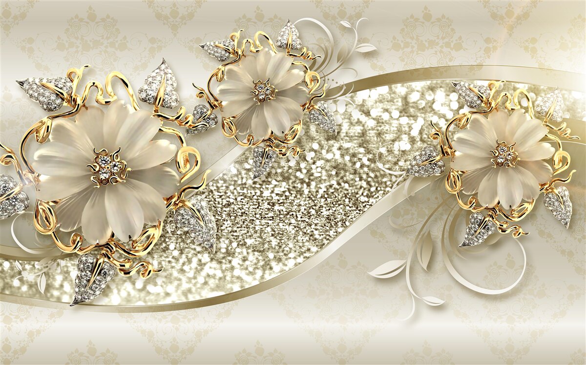 Papier peint des fleurs d'un blanc éclatant sur des branches recouvertes d'or, avec des perles