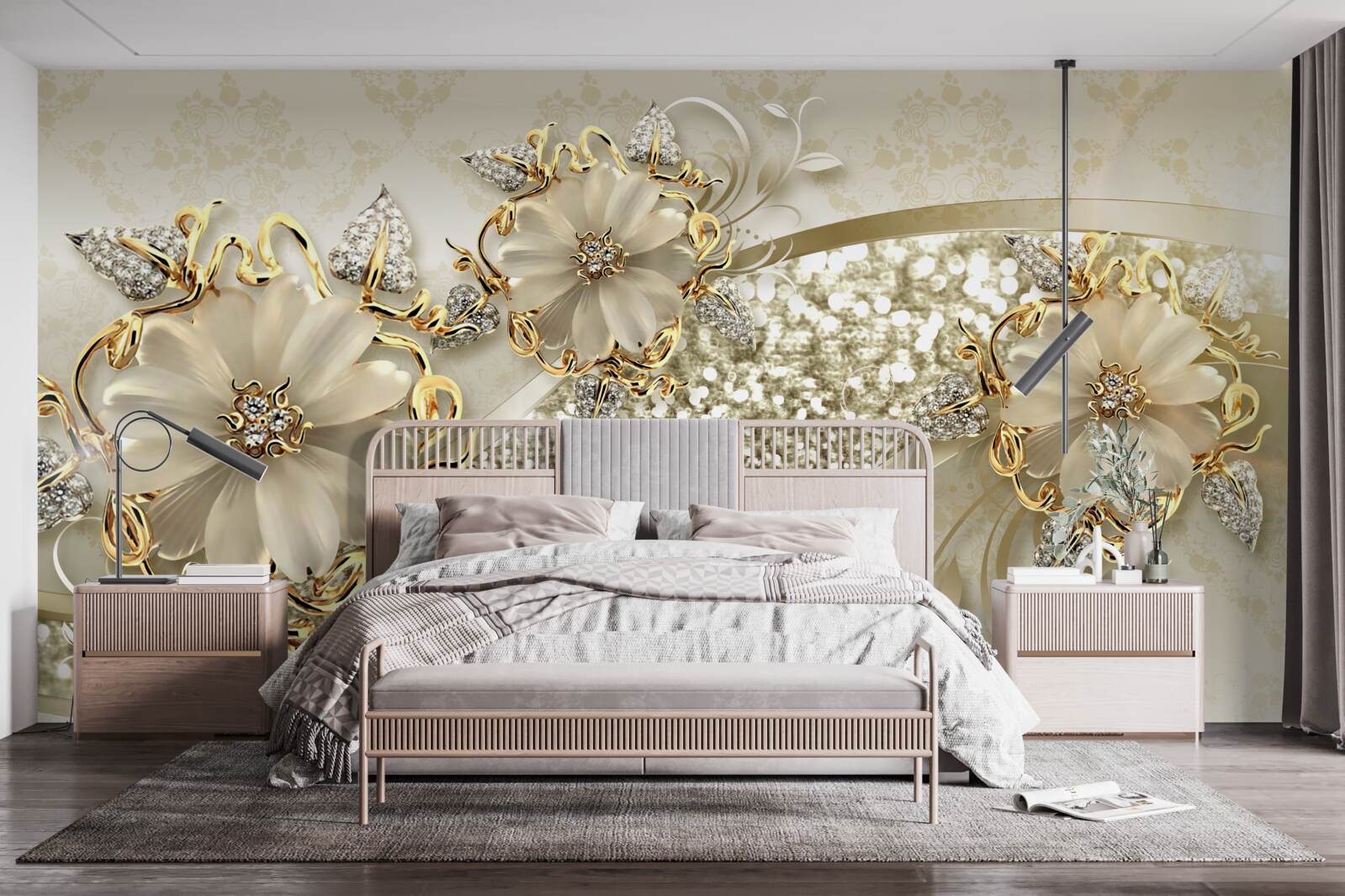 Papier peint des fleurs d'un blanc éclatant sur des branches recouvertes d'or, avec des perles