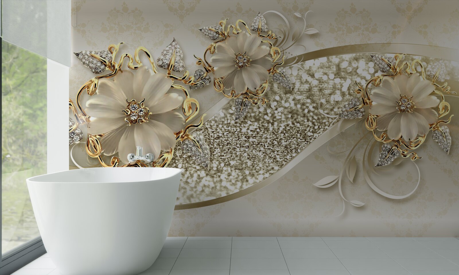 Papier peint des fleurs d'un blanc éclatant sur des branches recouvertes d'or, avec des perles