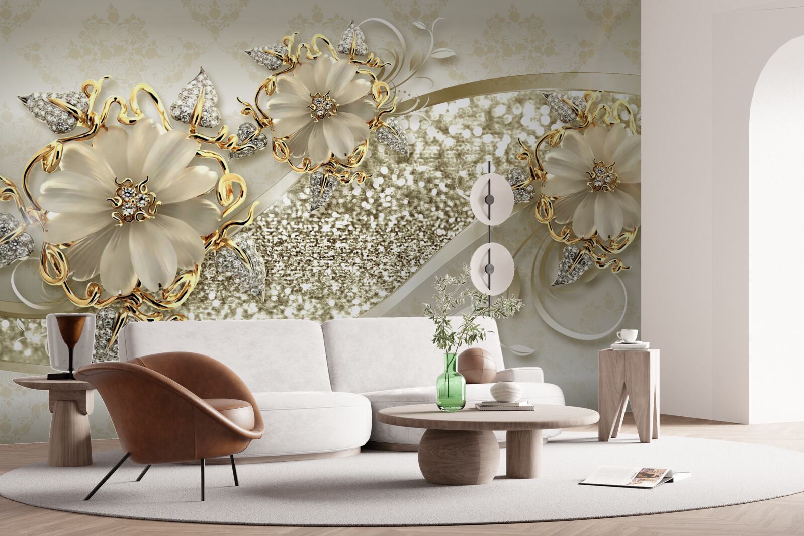 Papier peint des fleurs d'un blanc éclatant sur des branches recouvertes d'or, avec des perles