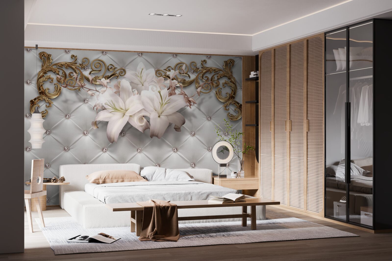 Papier peint des fleurs dans les tons blancs, décorées de cristaux et d'or