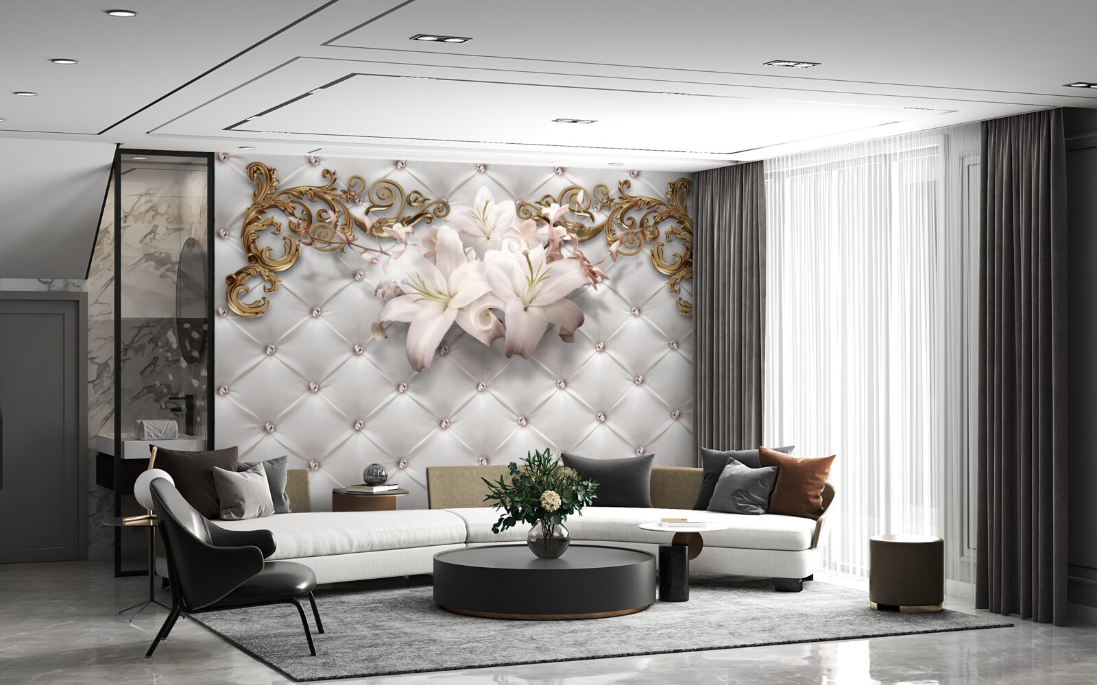 Papier peint des fleurs dans les tons blancs, décorées de cristaux et d'or