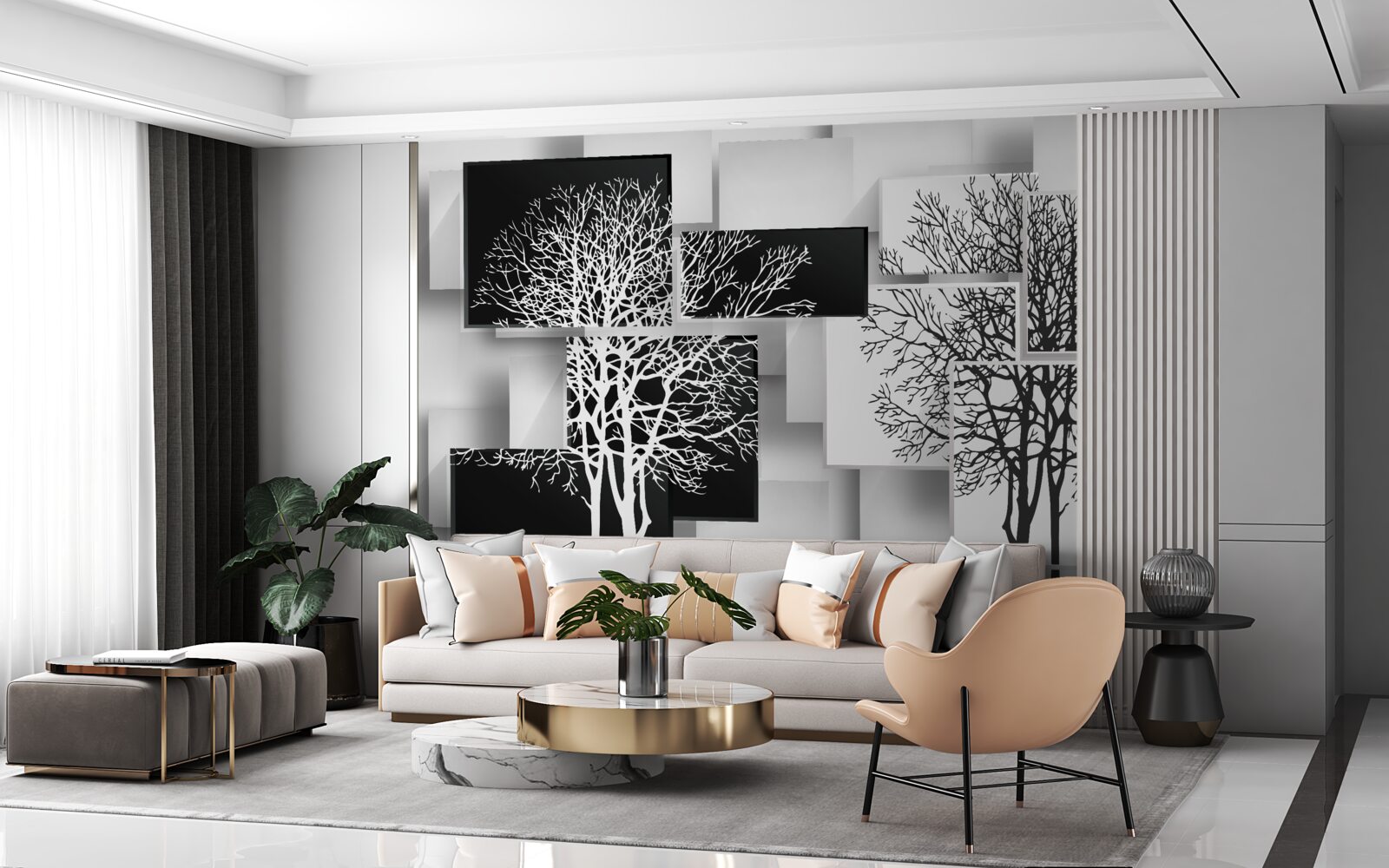 Papier peint les arbres sont en noir et blanc sur un fond de rectangles
