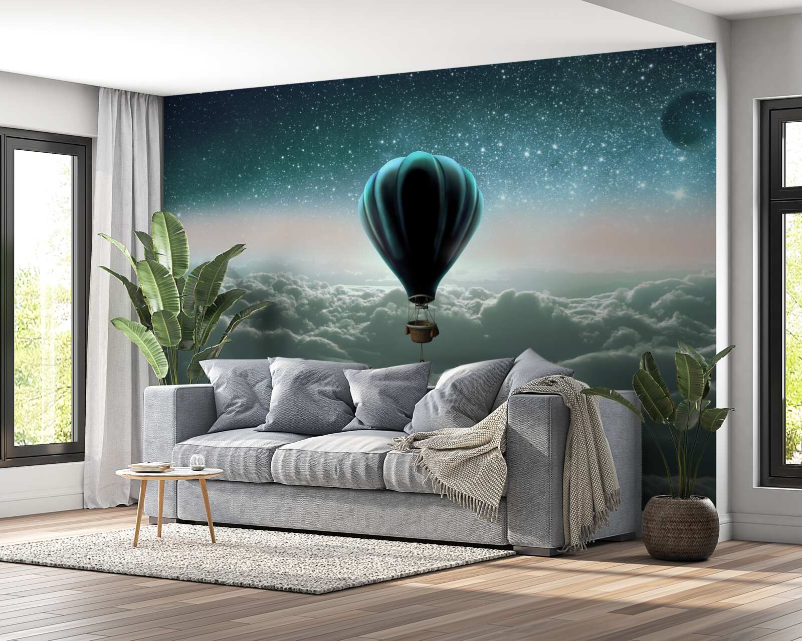 Papier peint montgolfière nocturne flottant au-dessus des nuages