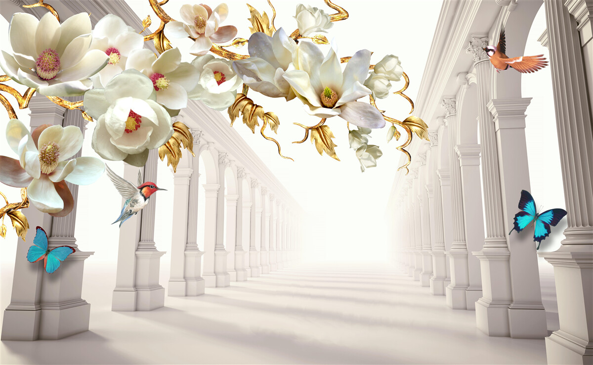 Papier peint Les arches sont décorées de papillons et de fleurs blanches avec des feuilles dorées.
