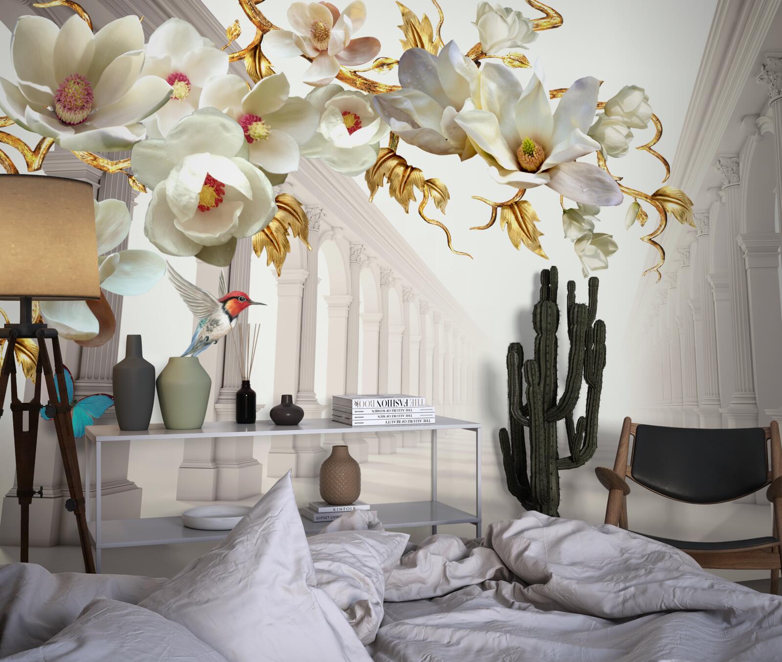 Papier peint Les arches sont décorées de papillons et de fleurs blanches avec des feuilles dorées.
