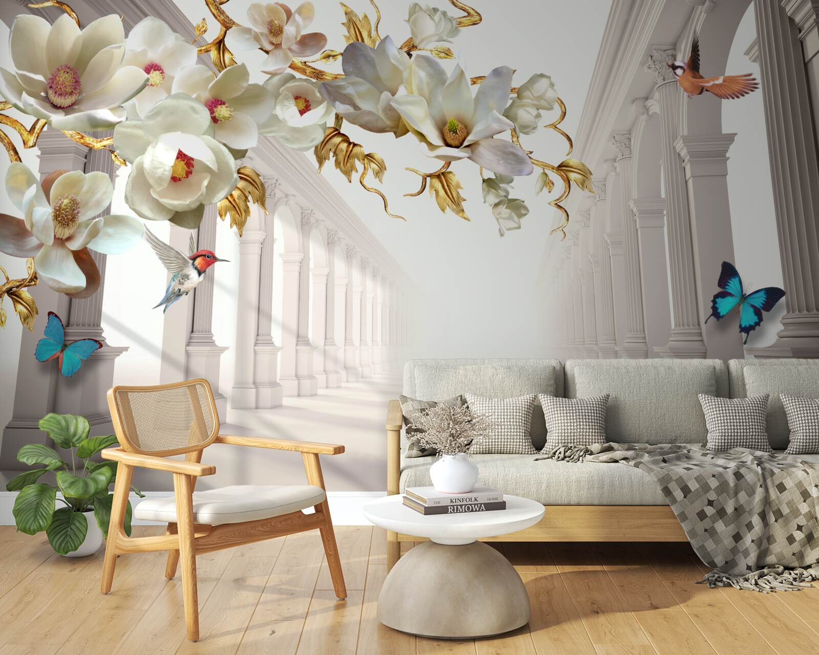 Papier peint Les arches sont décorées de papillons et de fleurs blanches avec des feuilles dorées.
