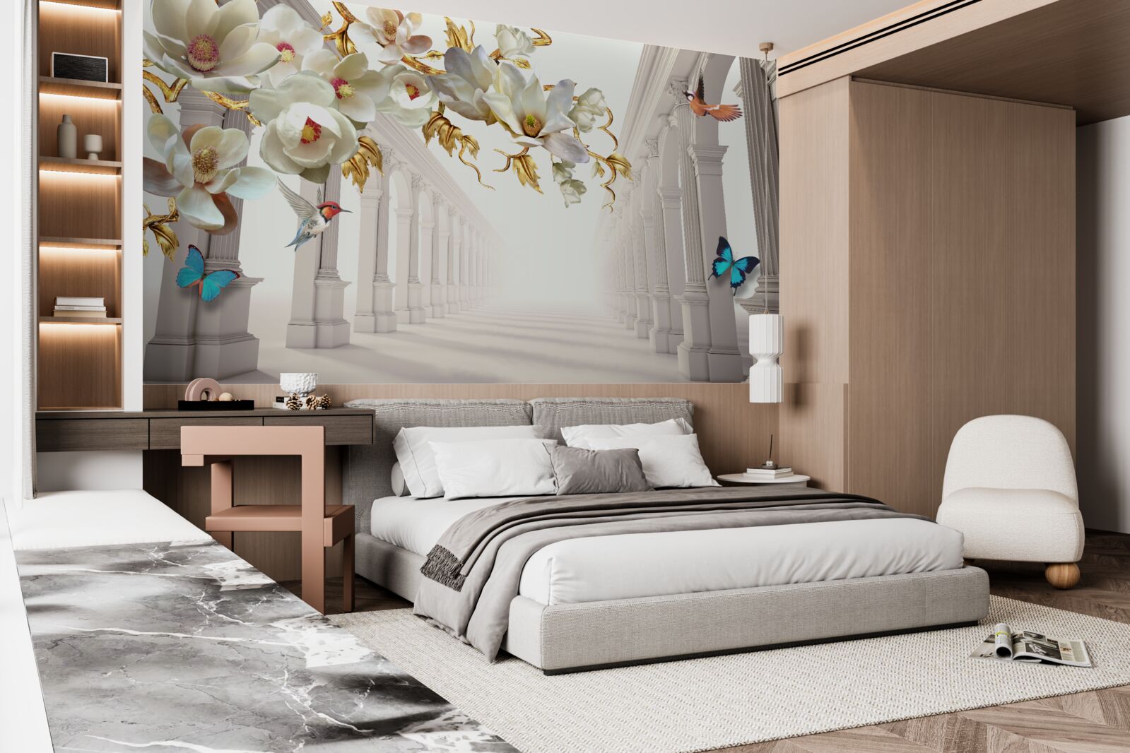 Papier peint Les arches sont décorées de papillons et de fleurs blanches avec des feuilles dorées.