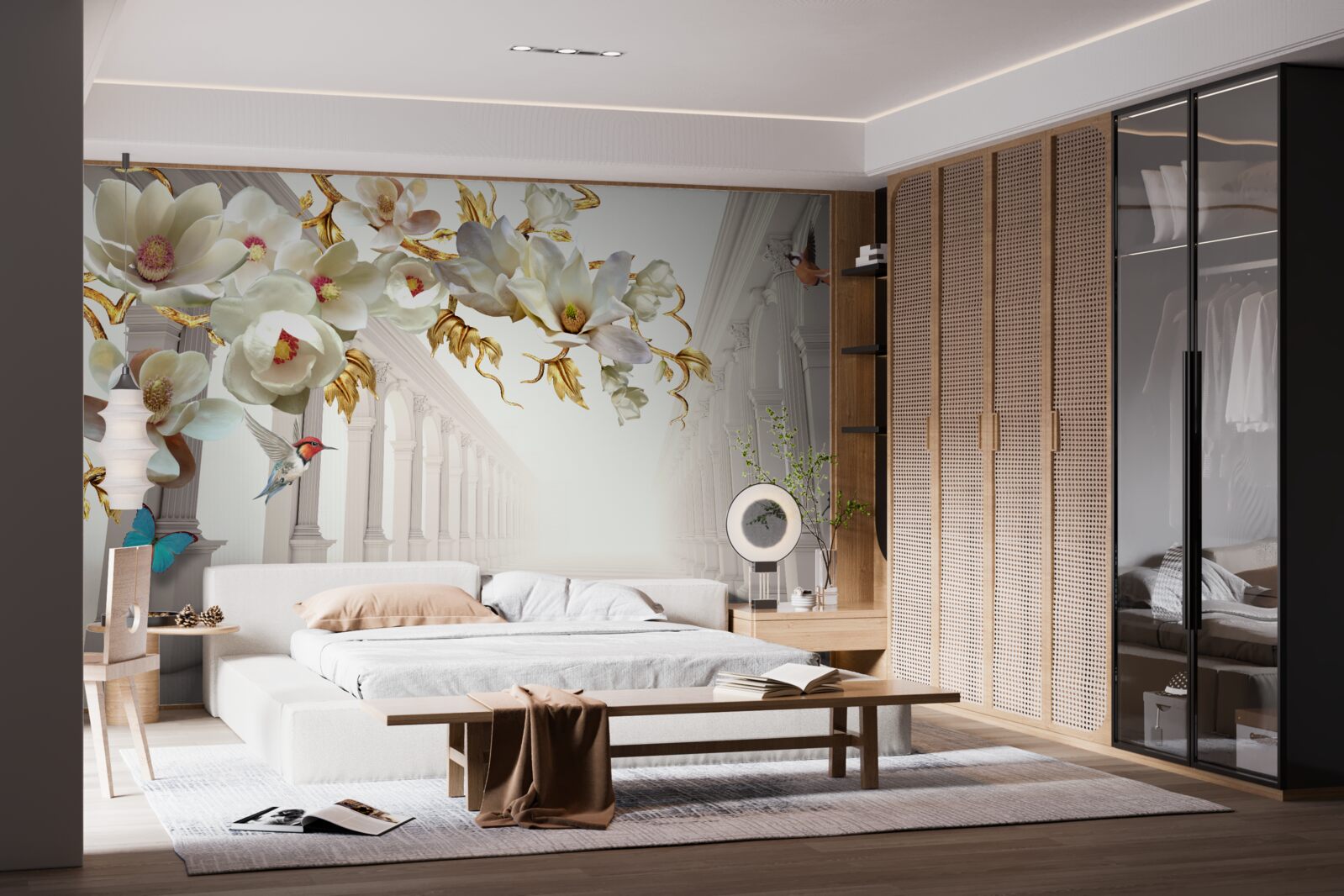 Papier peint Les arches sont décorées de papillons et de fleurs blanches avec des feuilles dorées.