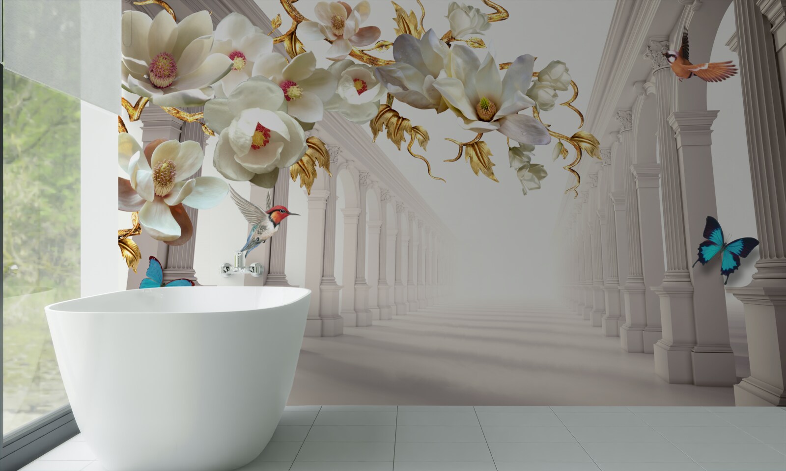 Papier peint Les arches sont décorées de papillons et de fleurs blanches avec des feuilles dorées.