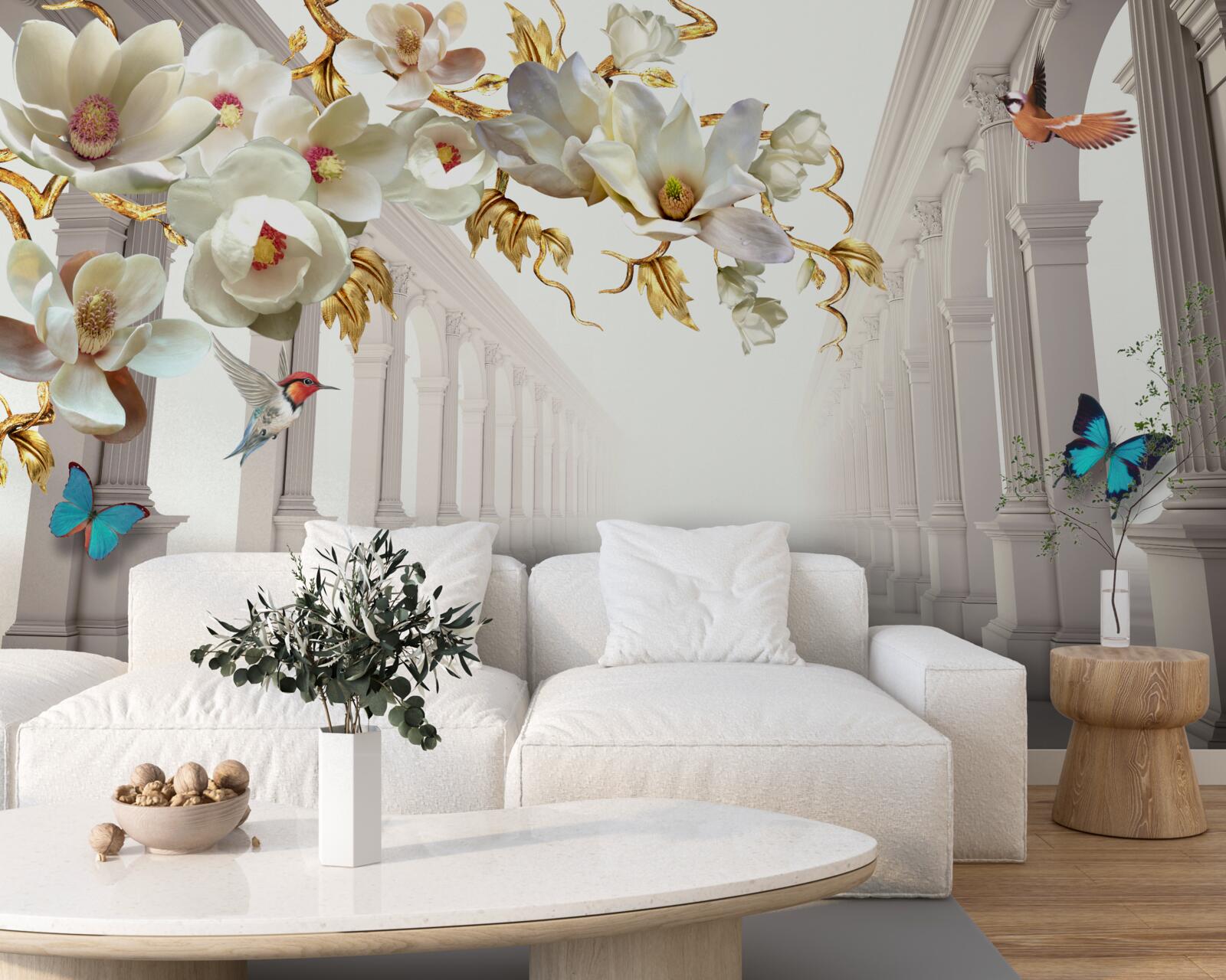 Papier peint Les arches sont décorées de papillons et de fleurs blanches avec des feuilles dorées.