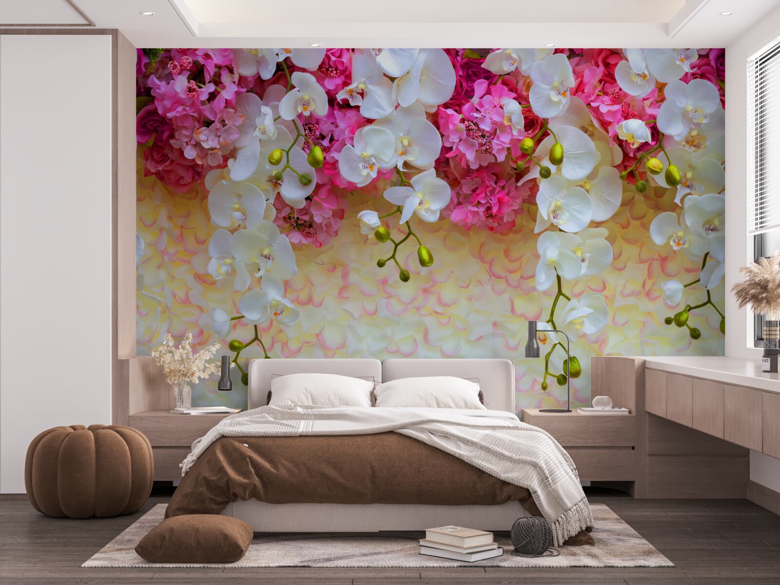 Papier peint Les orchidées sont blanches avec des reflets roses.