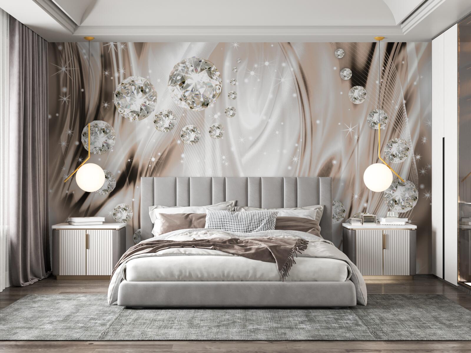 Papier peint soie brune décorée de pierres précieuses