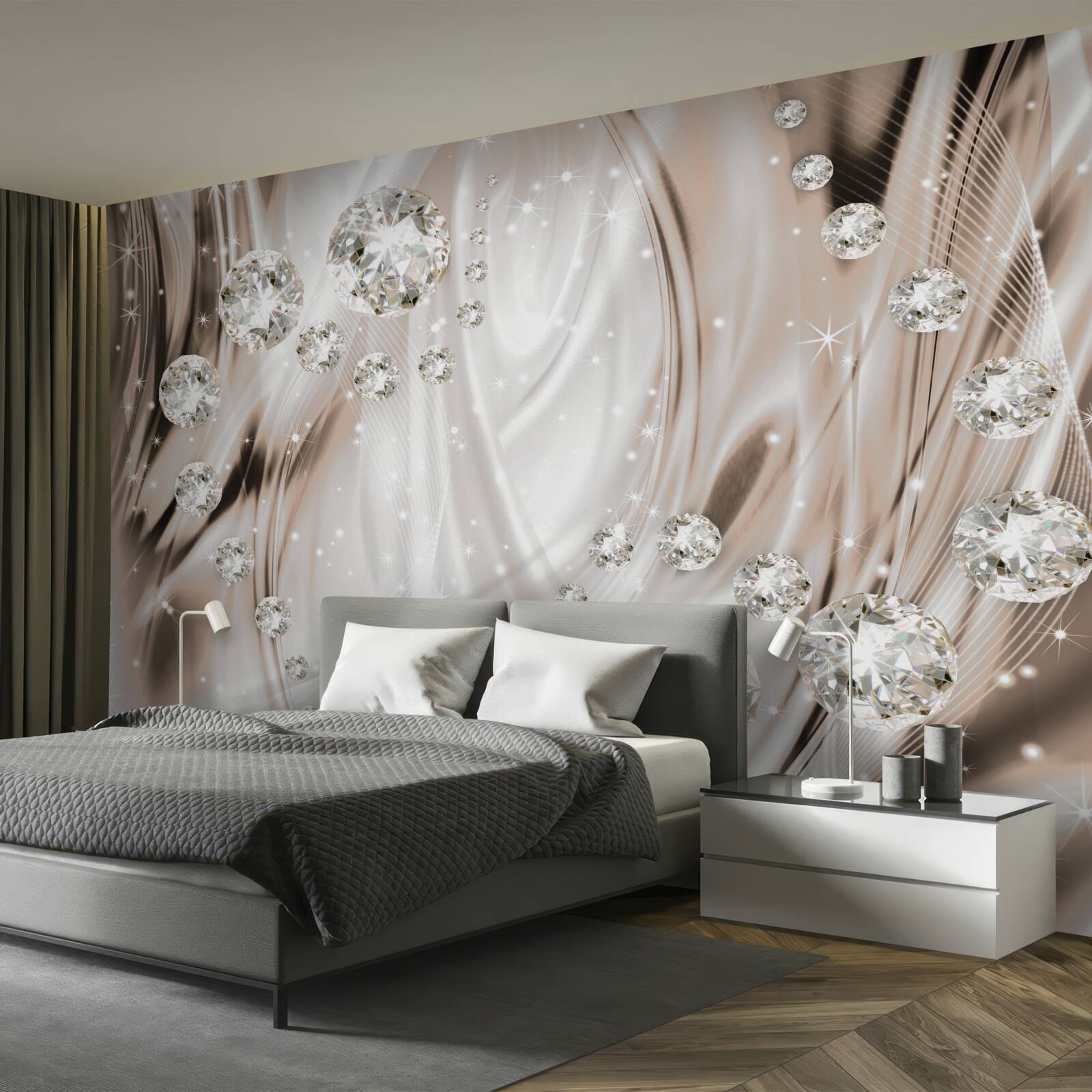 Papier peint soie brune décorée de pierres précieuses