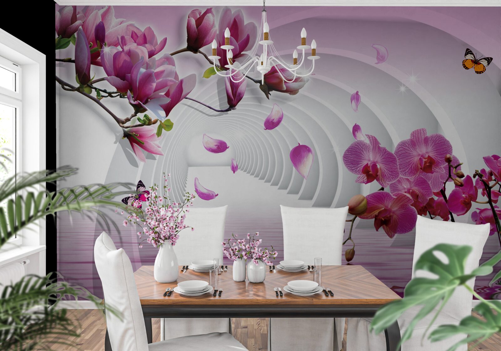 Papier peint orchidées lilas sur les branches et papillons volants