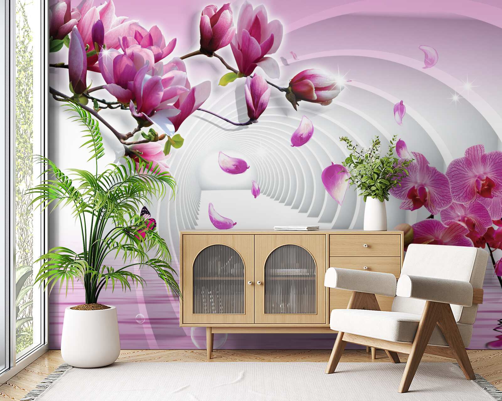 Papier peint orchidées lilas sur les branches et papillons volants