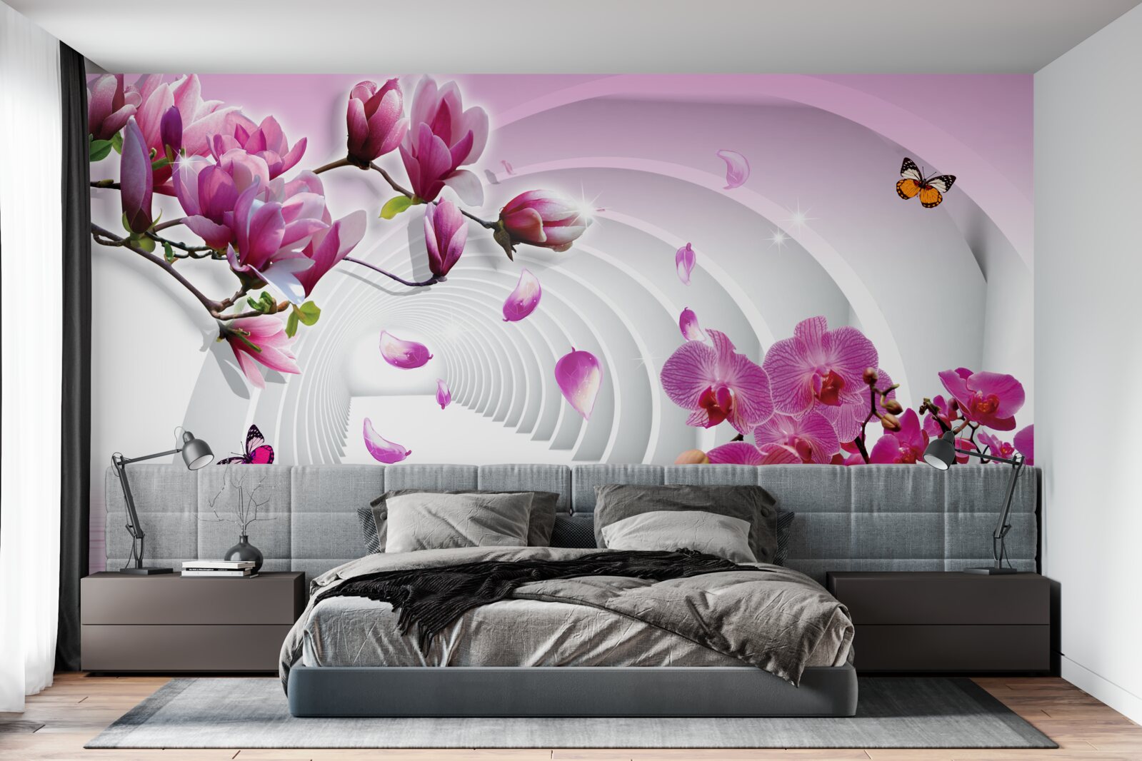 Papier peint orchidées lilas sur les branches et papillons volants