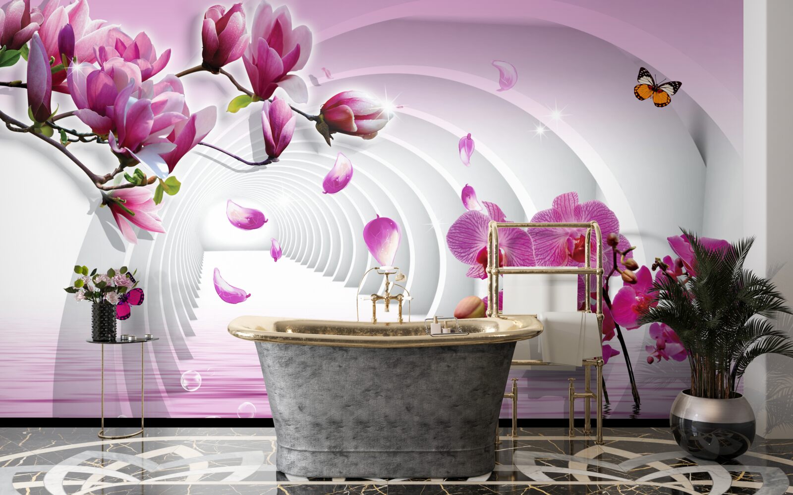 Papier peint orchidées lilas sur les branches et papillons volants