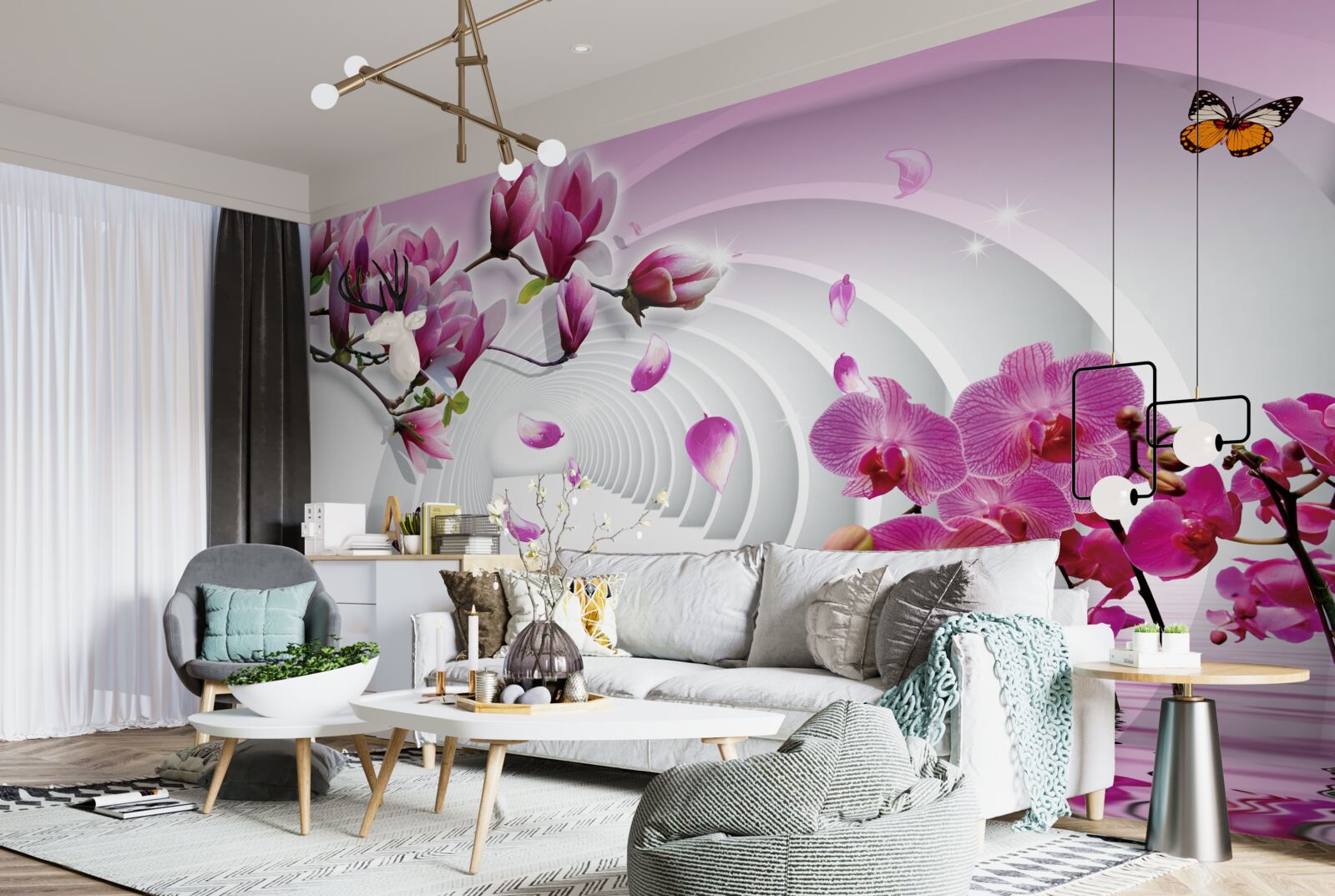 Papier peint orchidées lilas sur les branches et papillons volants