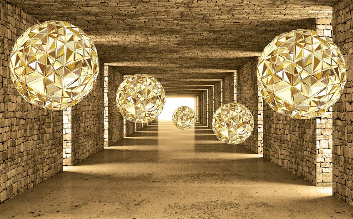 Papier peint image abstraite de boules et de tunnel dans des tons dorés