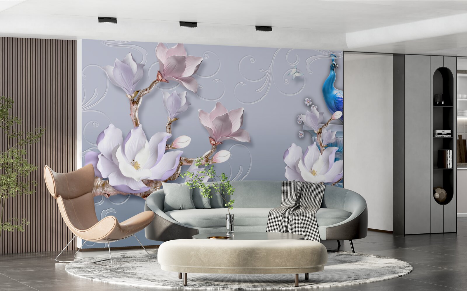 Papier peint un magnifique paon assis sur un arbre en fleurs