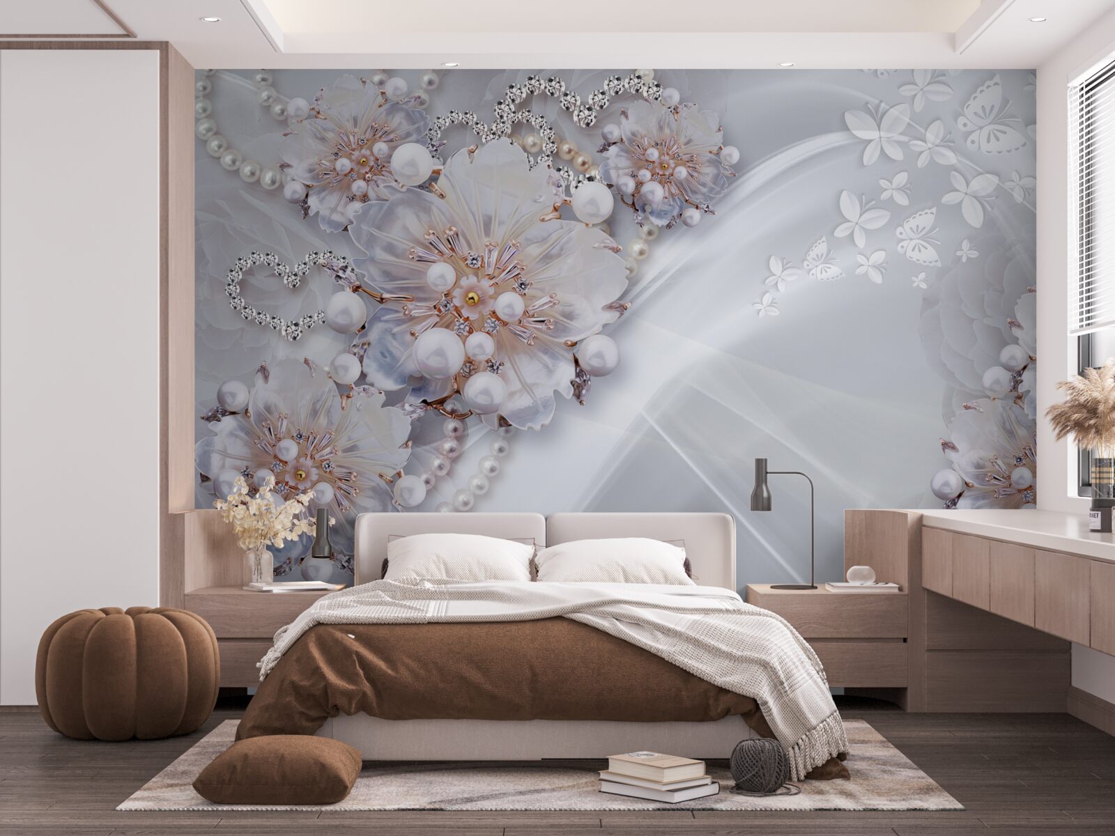 Papier peint sur la soie, de délicates fleurs décorées de perles