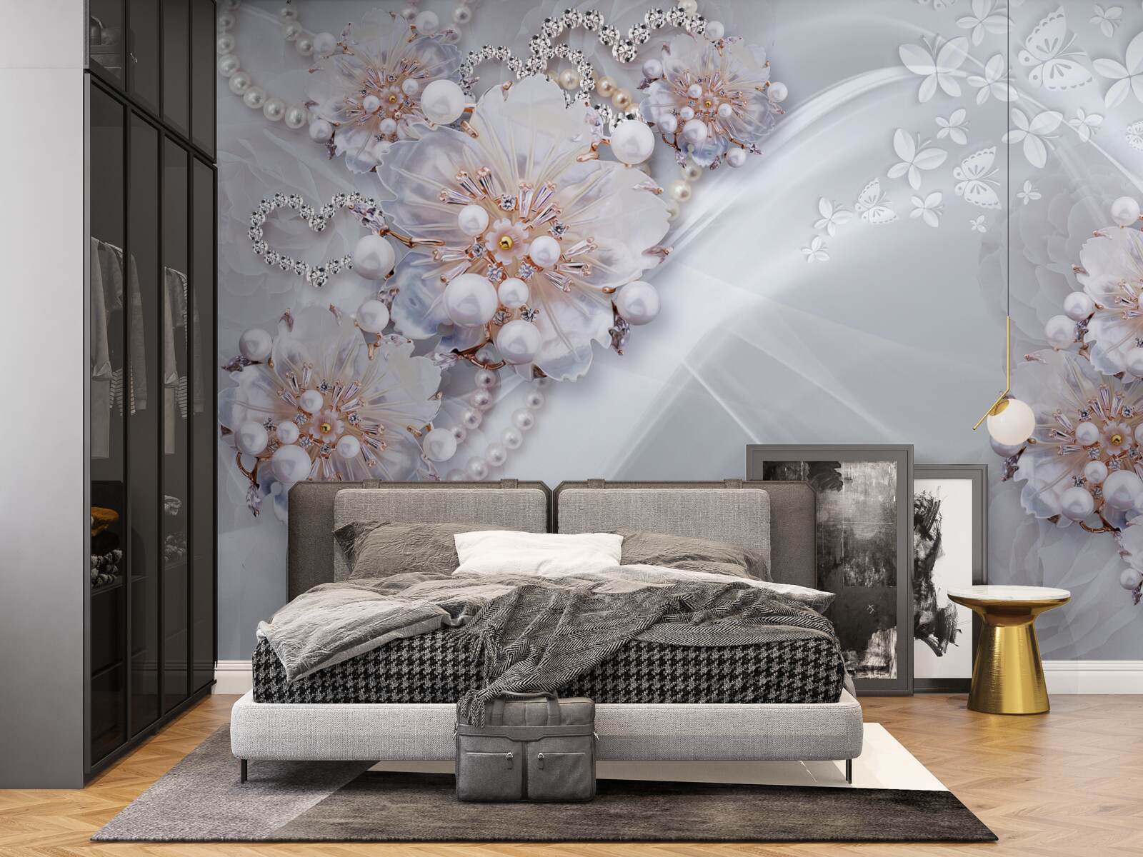 Papier peint sur la soie, de délicates fleurs décorées de perles