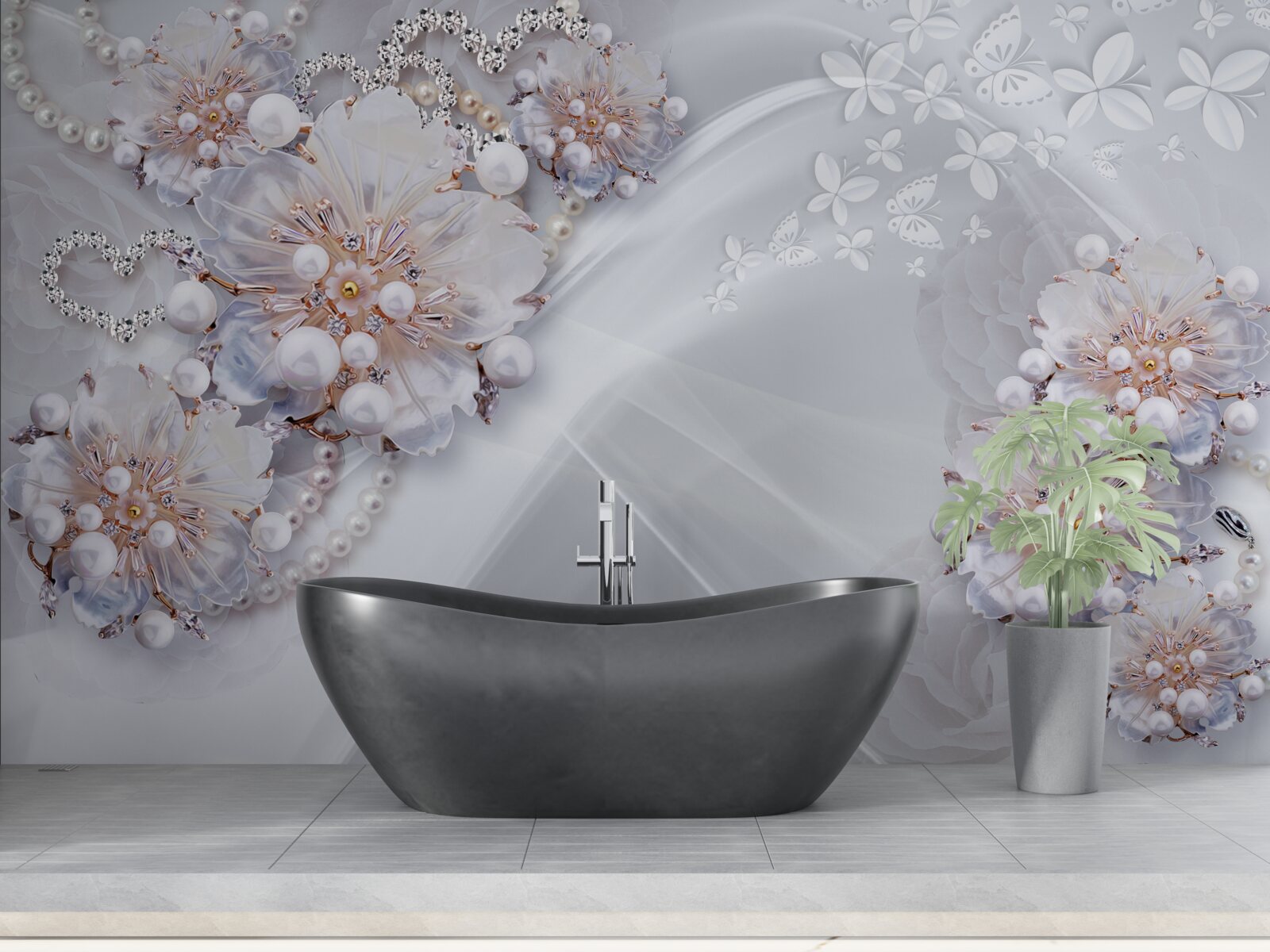 Papier peint sur la soie, de délicates fleurs décorées de perles