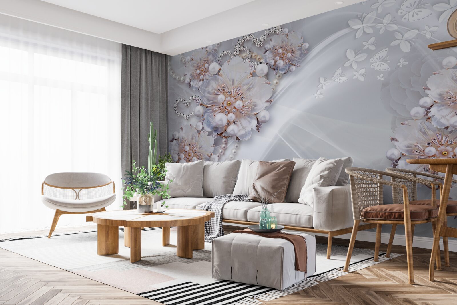 Papier peint sur la soie, de délicates fleurs décorées de perles