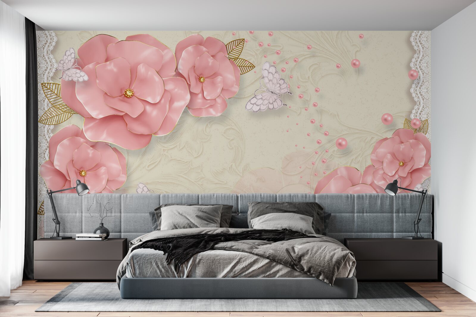 Papier peint des bourgeons roses impressionnants et des papillons de nuit d'un blanc pur
