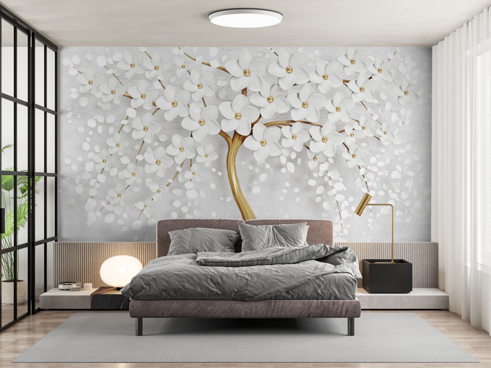 Papier peint arbre à fleurs blanches avec petites fleurs