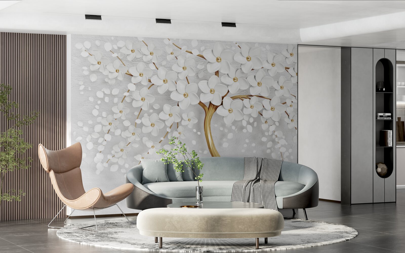 Papier peint arbre à fleurs blanches avec petites fleurs