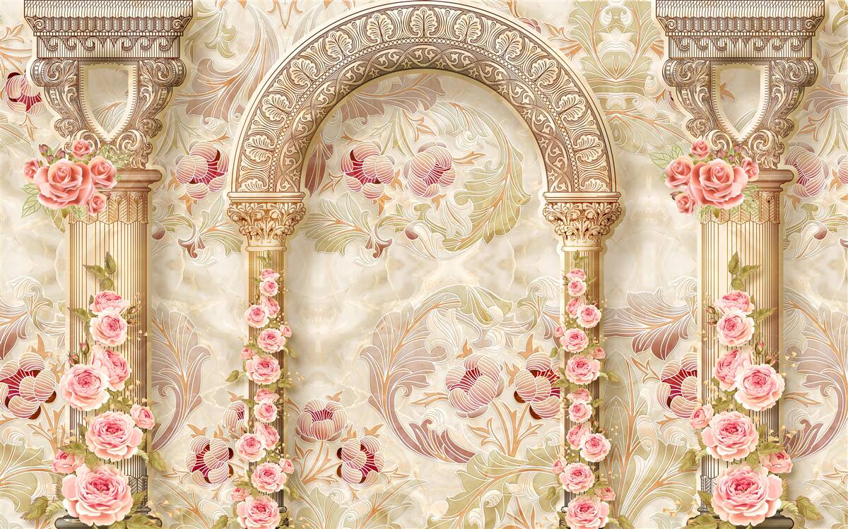 Papier peint Arches décorées de délicates fleurs roses de printemps
