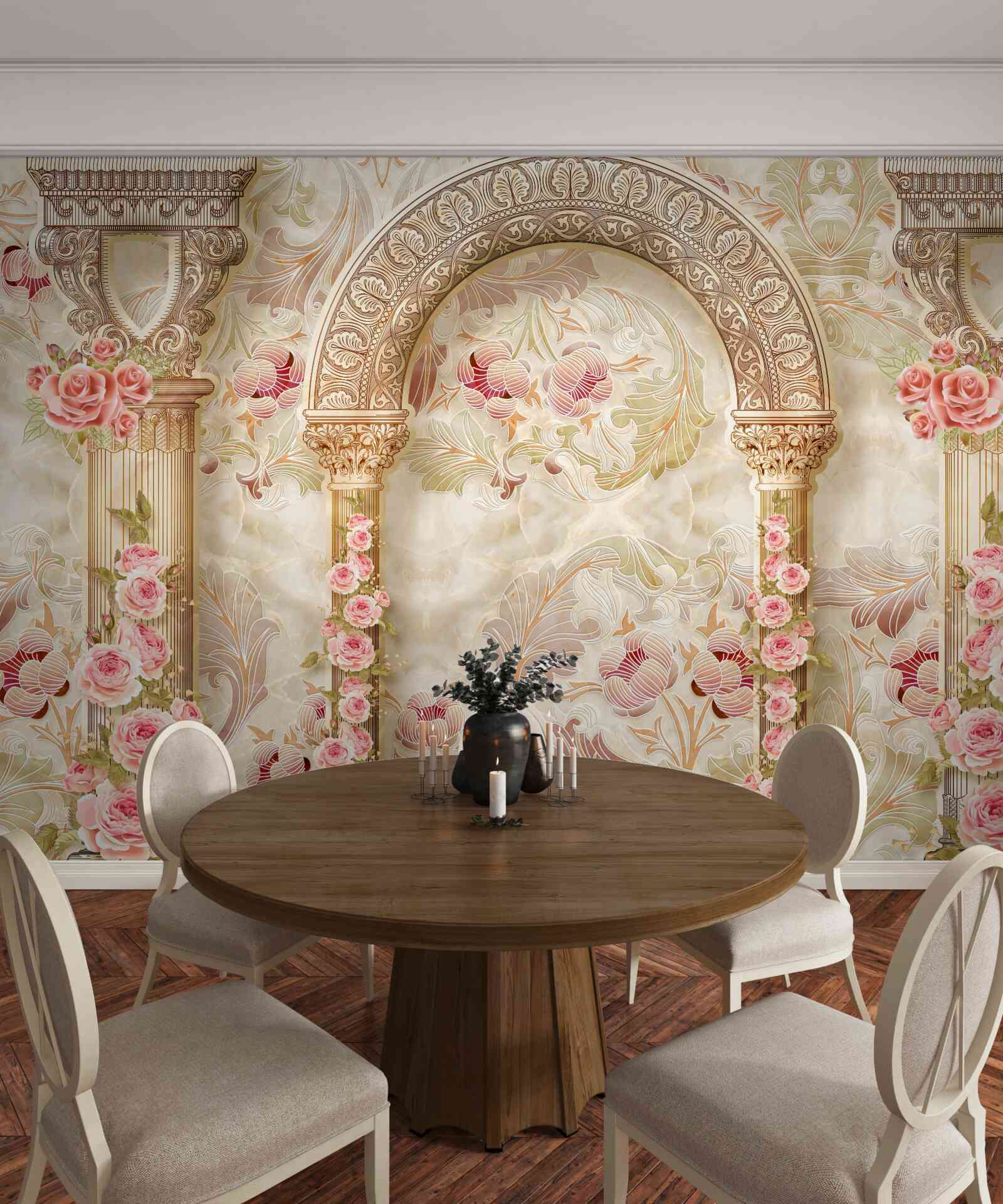 Papier peint Arches décorées de délicates fleurs roses de printemps