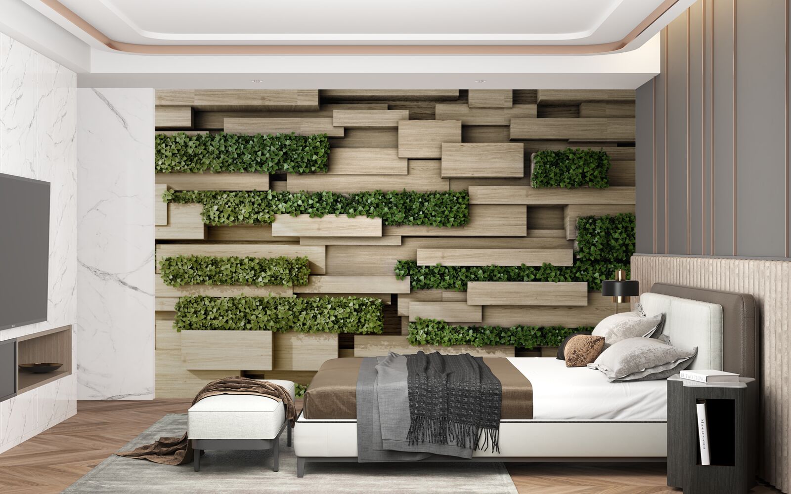Papier peint mur en pierre décoré de plantes vertes