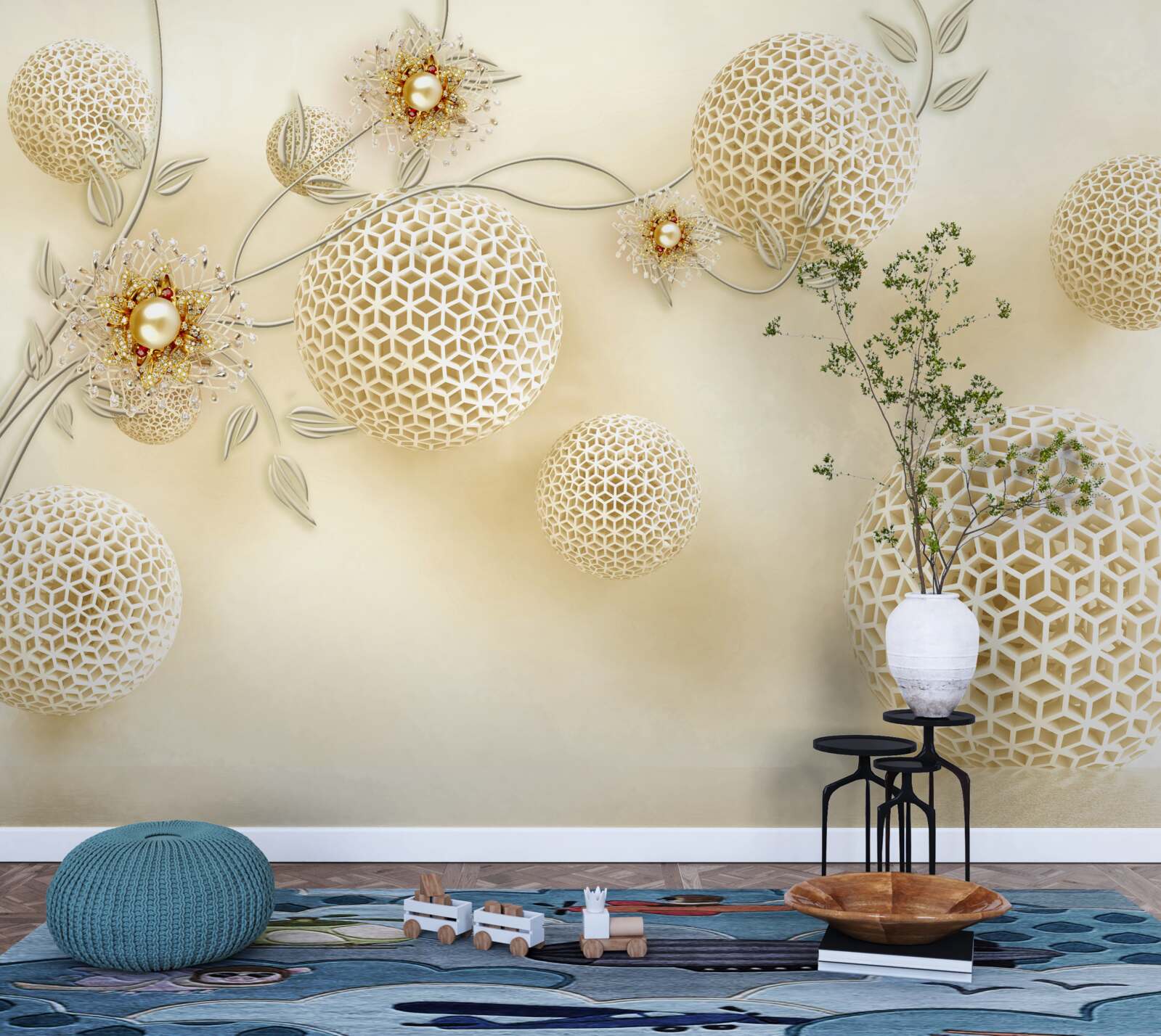 Papier peint boules de texture flottant dans l'air et fleurs blanches