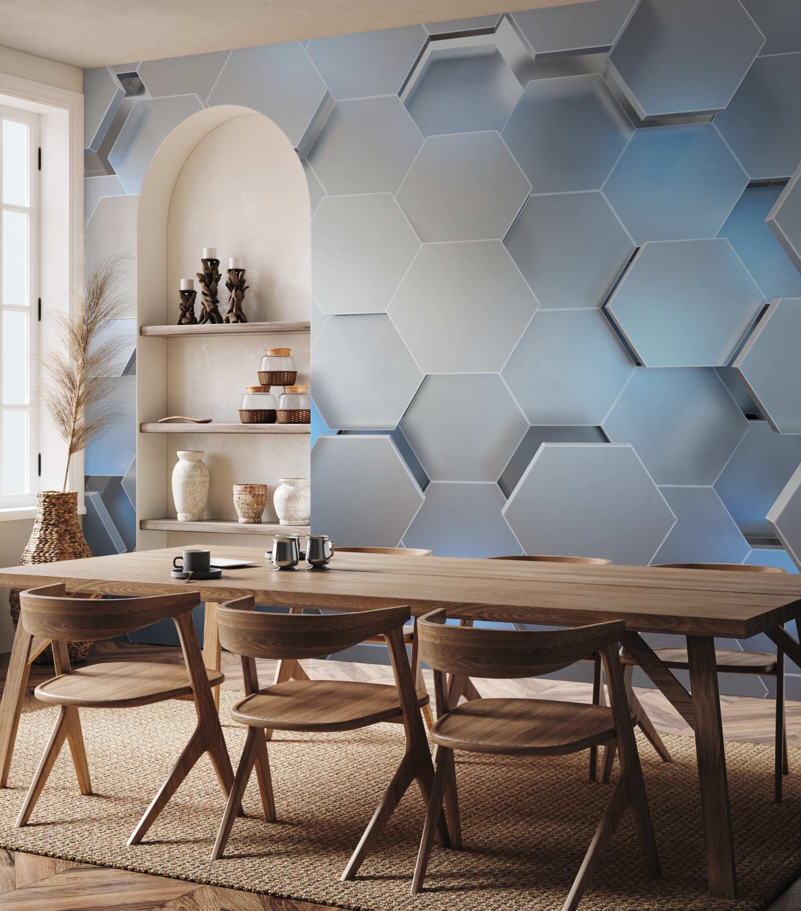 Papier peint hexagones gris avec accent bleu