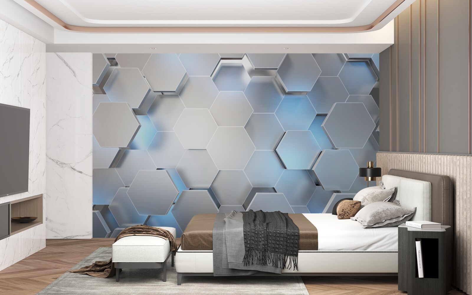 Papier peint hexagones gris avec accent bleu
