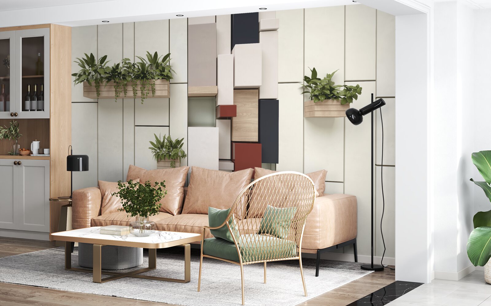 Papier peint pots avec plantes vertes sur le mur
