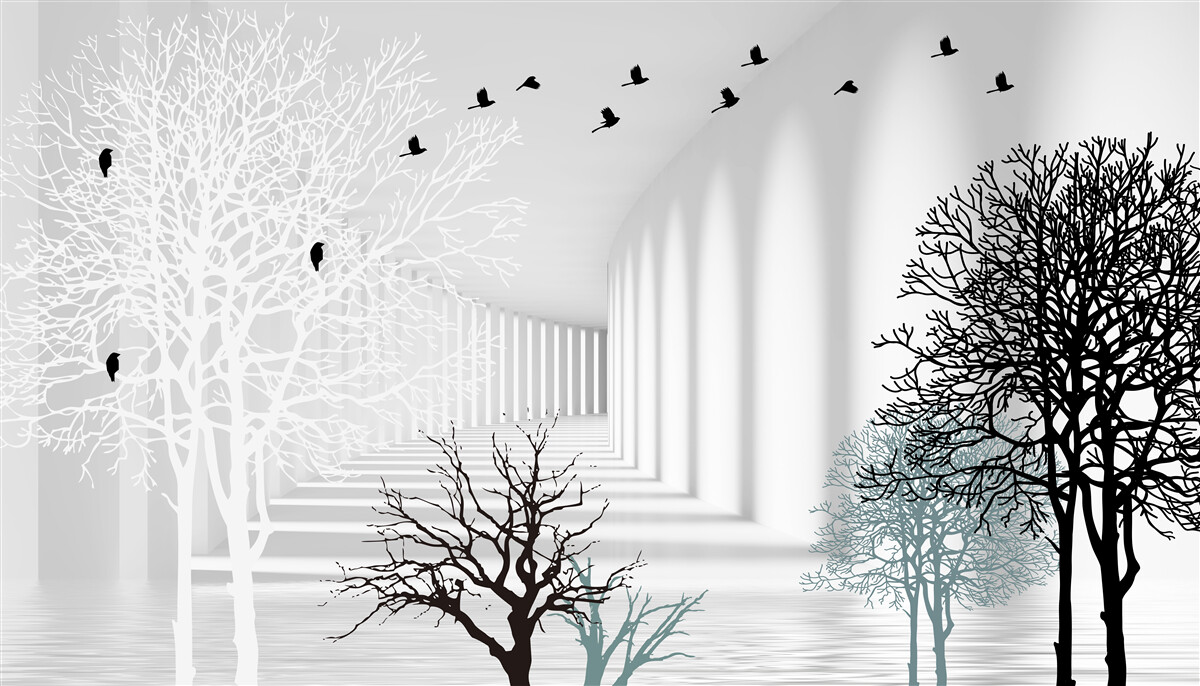 Papier peint les arbres qui ont perdu leurs feuilles et les oiseaux qui s'envolent avec l'arrivée de l'automne