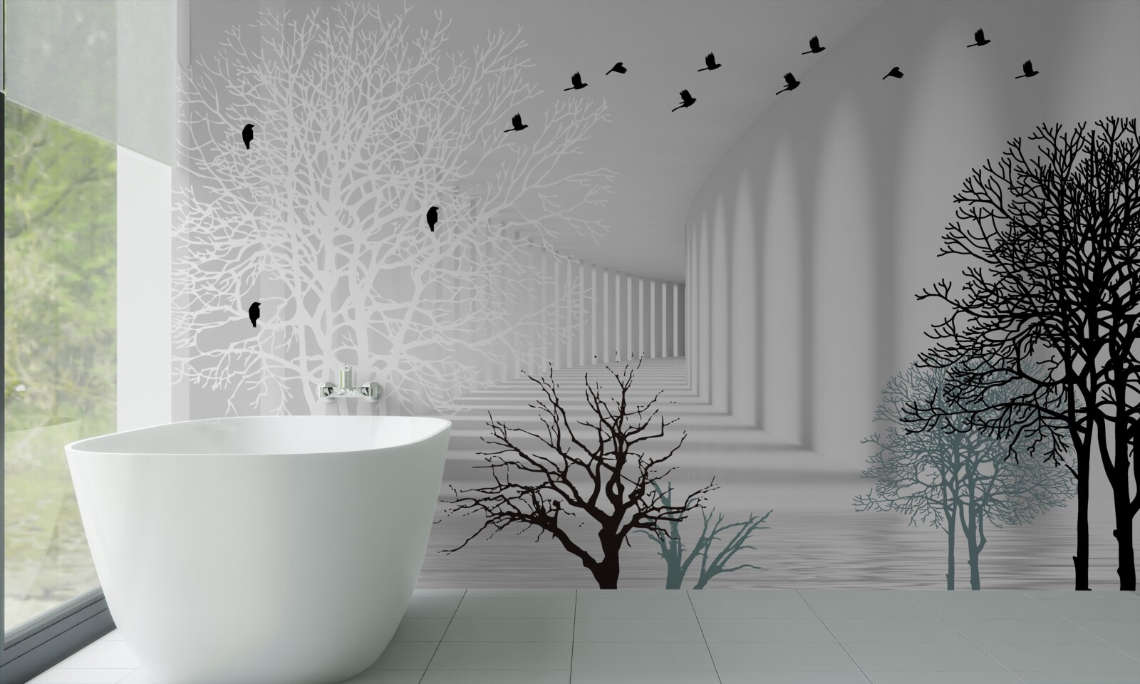 Papier peint les arbres qui ont perdu leurs feuilles et les oiseaux qui s'envolent avec l'arrivée de l'automne