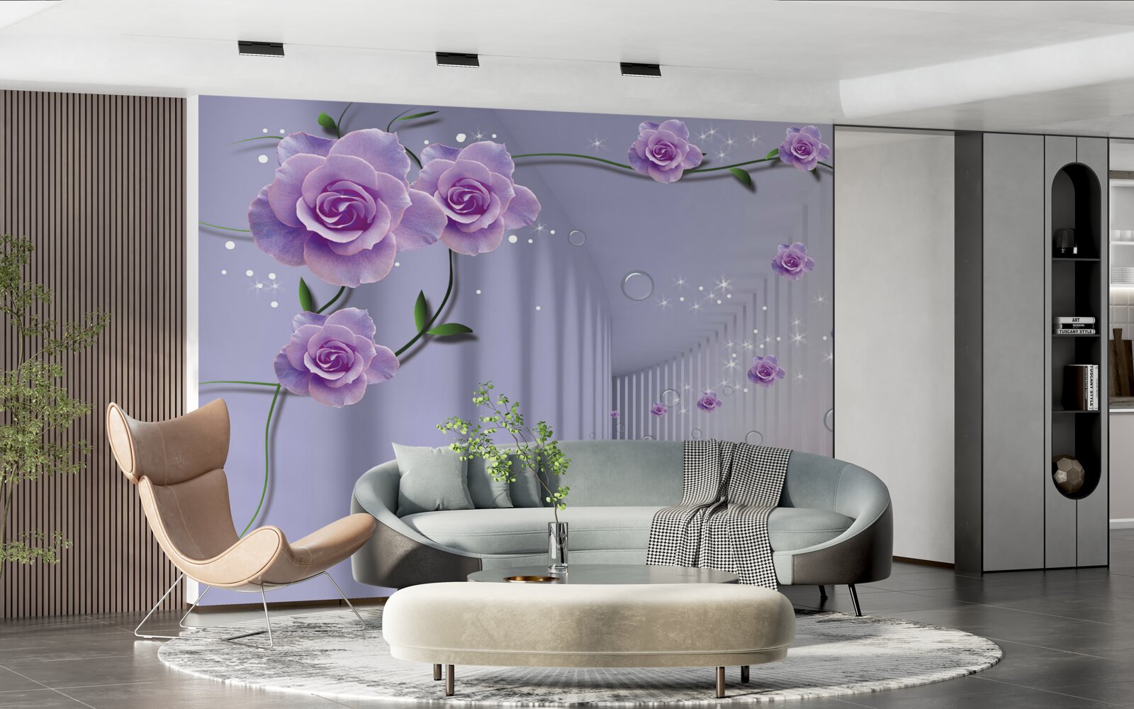 Papier peint couloir décoré dans les tons lilas