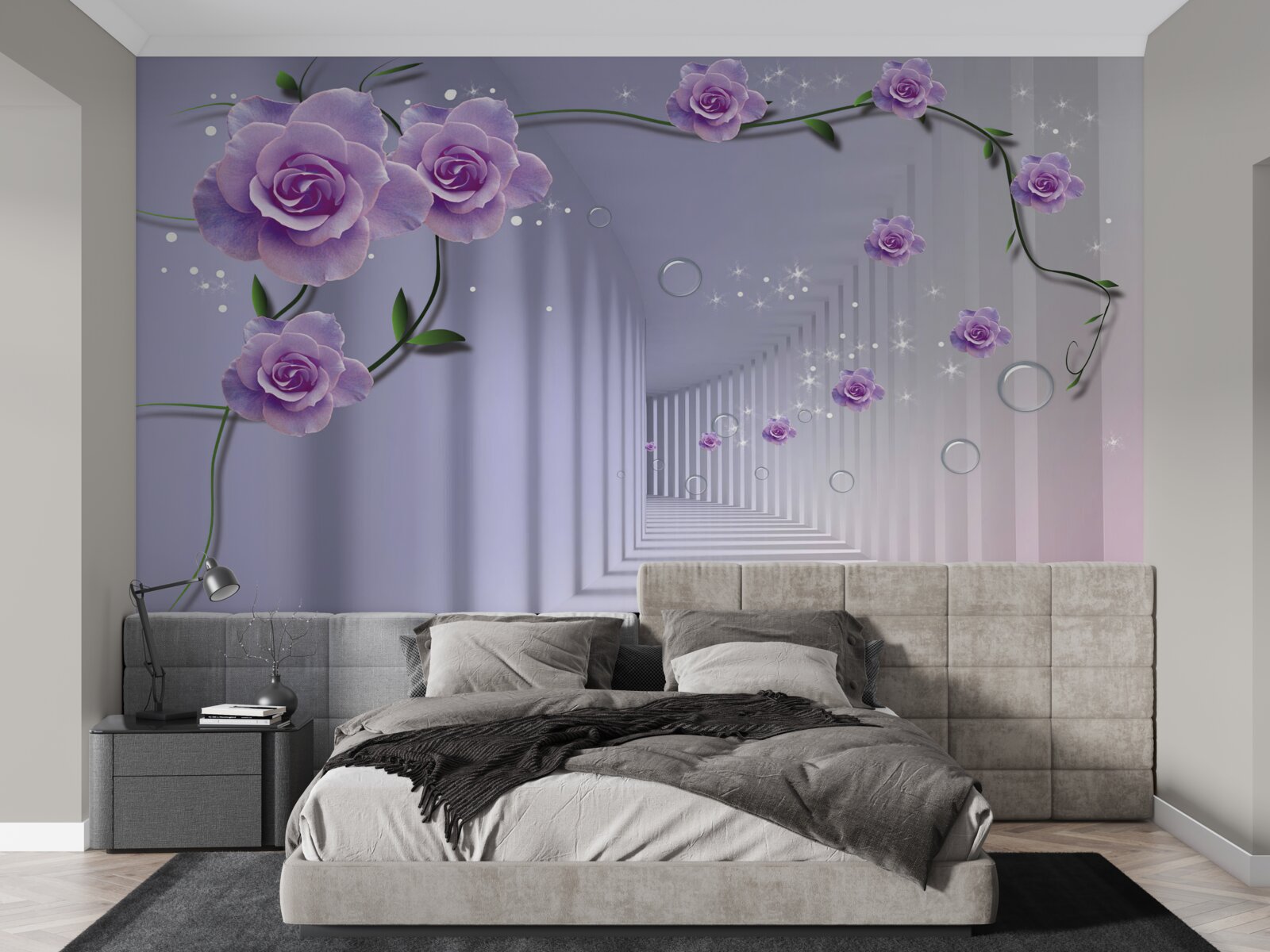 Papier peint couloir décoré dans les tons lilas