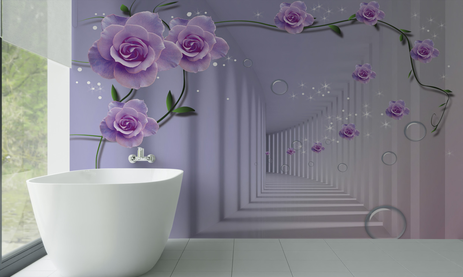 Papier peint couloir décoré dans les tons lilas