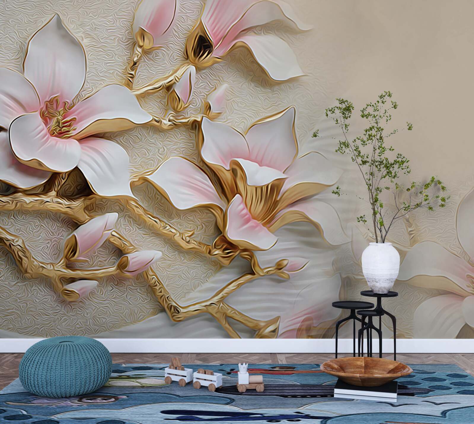 Papier peint des fleurs dans les tons rose et or