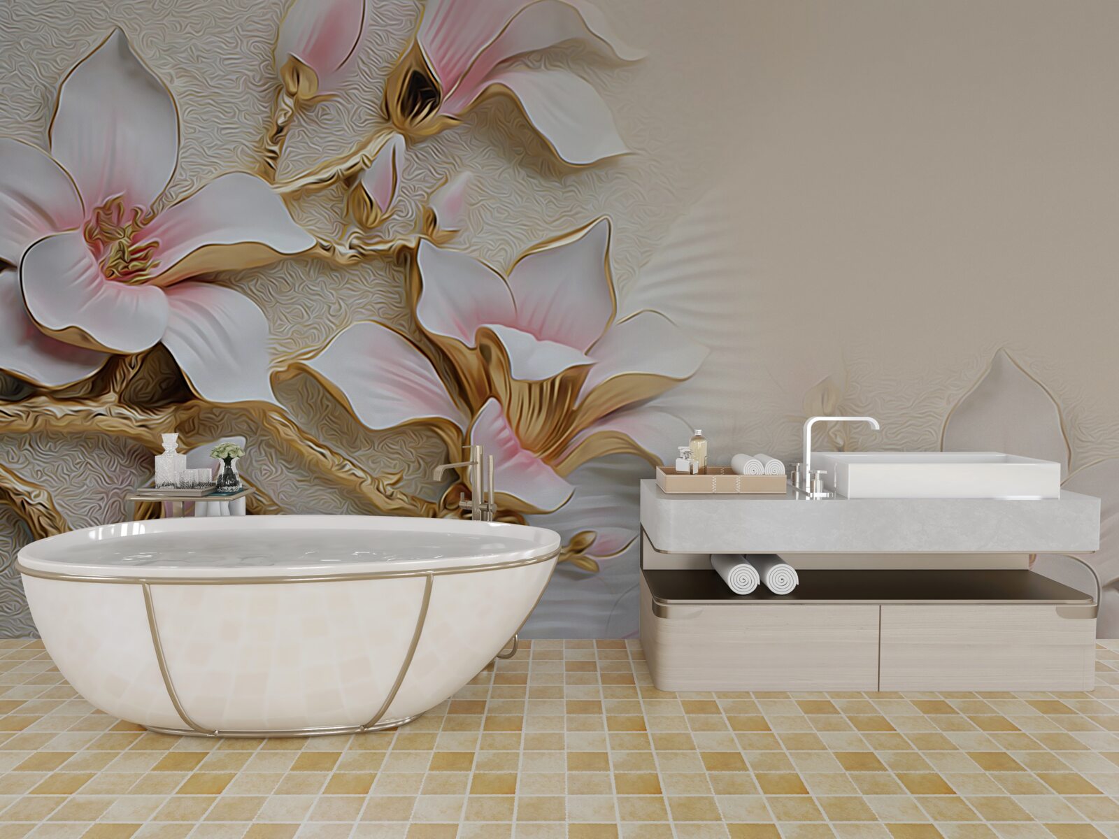 Papier peint des fleurs dans les tons rose et or